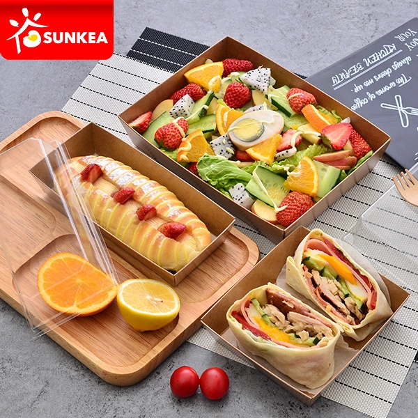 500ml 600ml Kraft Paper Box Rectangle Sandwich Cake Tray with Pet Lid Takeaway Food Package