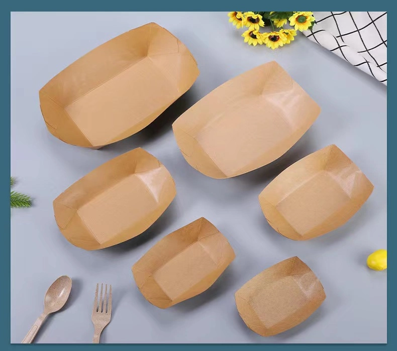 Degradable Eco-Friendly Kraft Paper Tray Food-Grade Boat Shape Tray Food Packaging