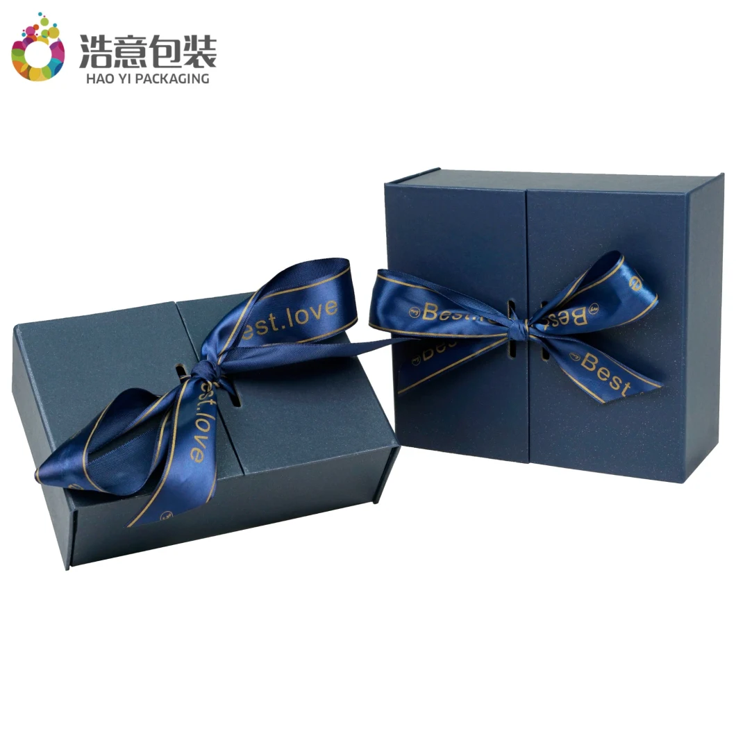 Custom Printed Luxury Blue Cardboard Cosmetics Makeup Clothes Magnetic Paper Gift Packaging Jewelry Box for Watch Wedding Party Festival Packing with Ribbon