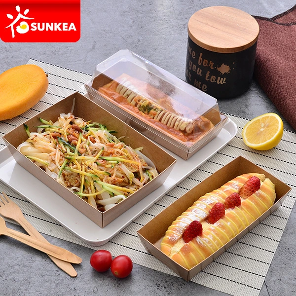 500ml 600ml Kraft Paper Box Rectangle Sandwich Cake Tray with Pet Lid Takeaway Food Package